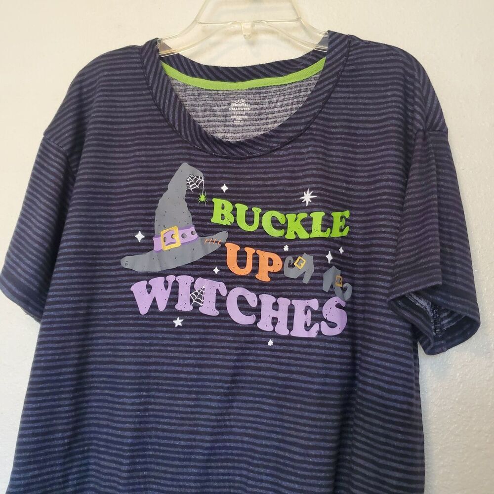 Way To Celebrate Halloween Stripe T-shirt Buckle Up Witches Womens Size L Blue - Picture 11 of 12